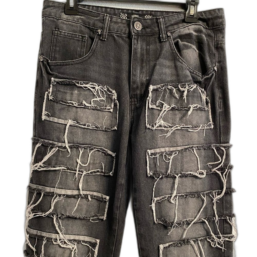 Rebel Vengeance Mens Black Jeans Distressed Skeleton Button Sz 30 (32x30) UB1-14